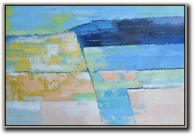 Hand-Painted Canvas Art,Oversized Horizontal Contemporary Art,Original Modern Art,Large Wall Art Handmade,Blue,Dark Blue,Yellow,Nude.Etc